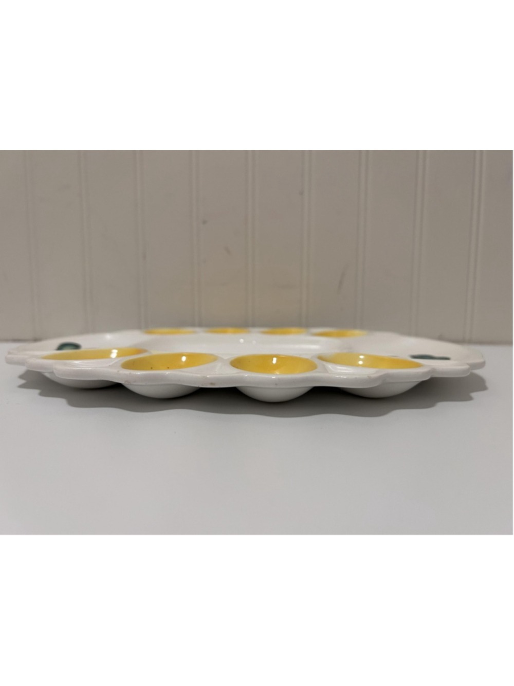 White Ceramic Egg Platter Yellow Wells Mid Century Modern Oval Farmhouse Kitchen - Picture 2 of 4